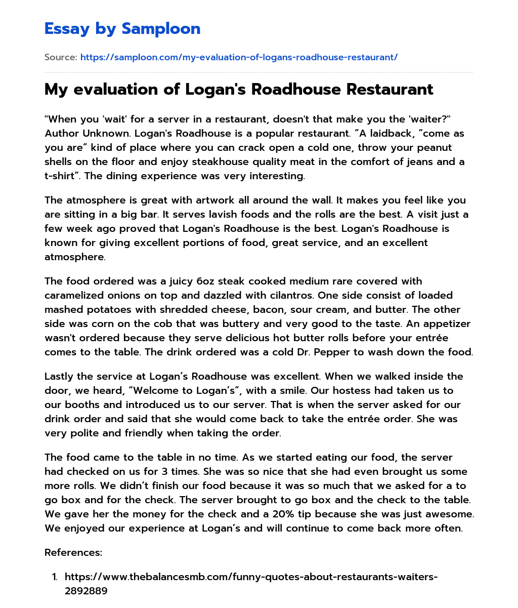 My evaluation of Logan’s Roadhouse Restaurant Evaluation essay