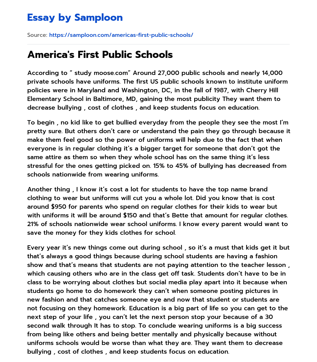 America’s First Public Schools essay