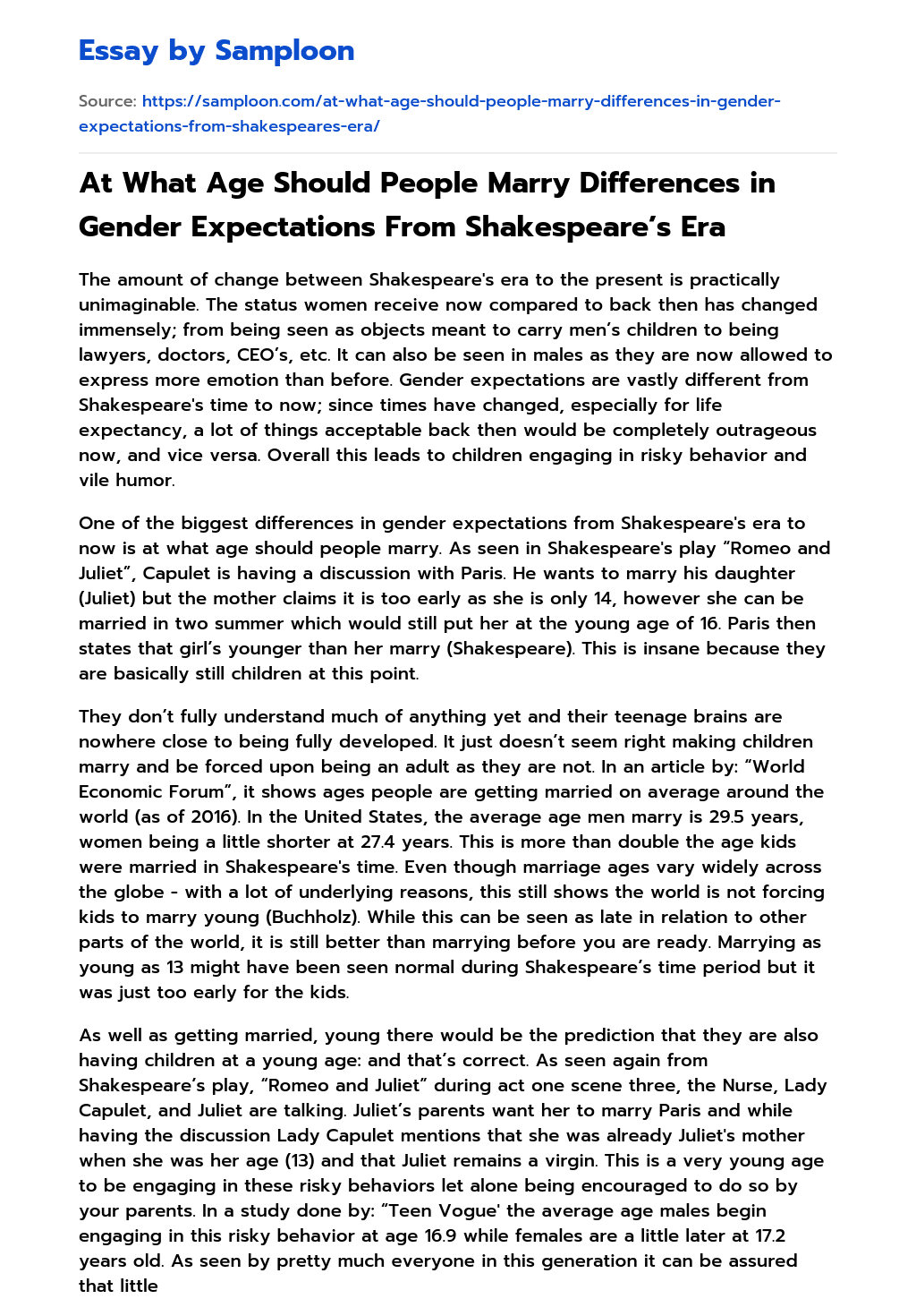 At What Age Should People Marry Differences in Gender Expectations From Shakespeare’s Era essay