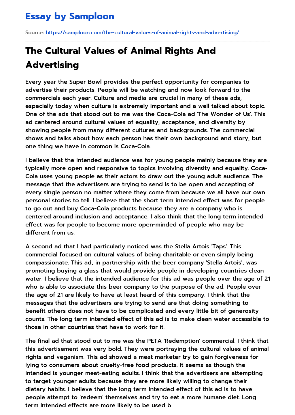 The Cultural Values of Animal Rights And Advertising essay