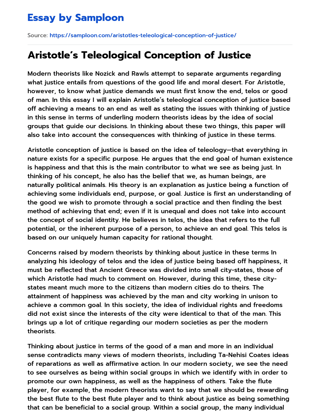 Aristotle’s Teleological Conception of Justice essay