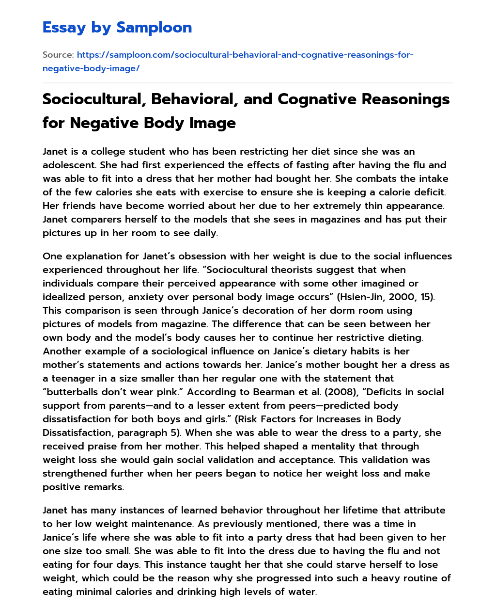 Sociocultural, Behavioral, and Cognative Reasonings for Negative Body Image essay