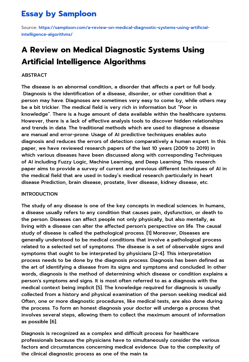 A Review on Medical Diagnostic Systems Using Artificial Intelligence Algorithms essay