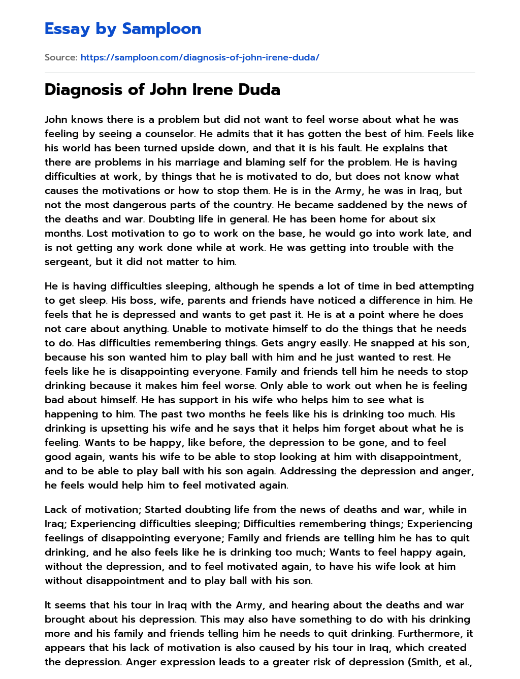 Diagnosis of John Irene Duda essay
