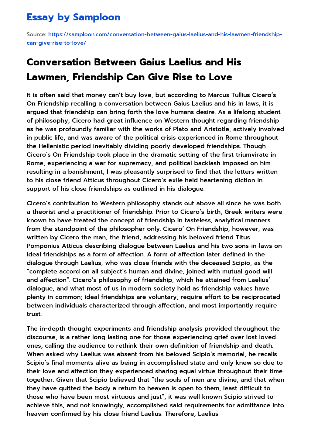 Conversation Between Gaius Laelius and His Lawmen, Friendship Can Give Rise to Love essay