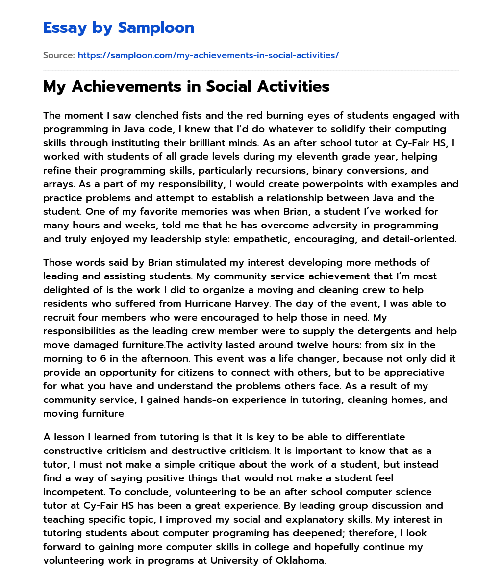 My Achievements in Social Activities Accomplishment Essay essay