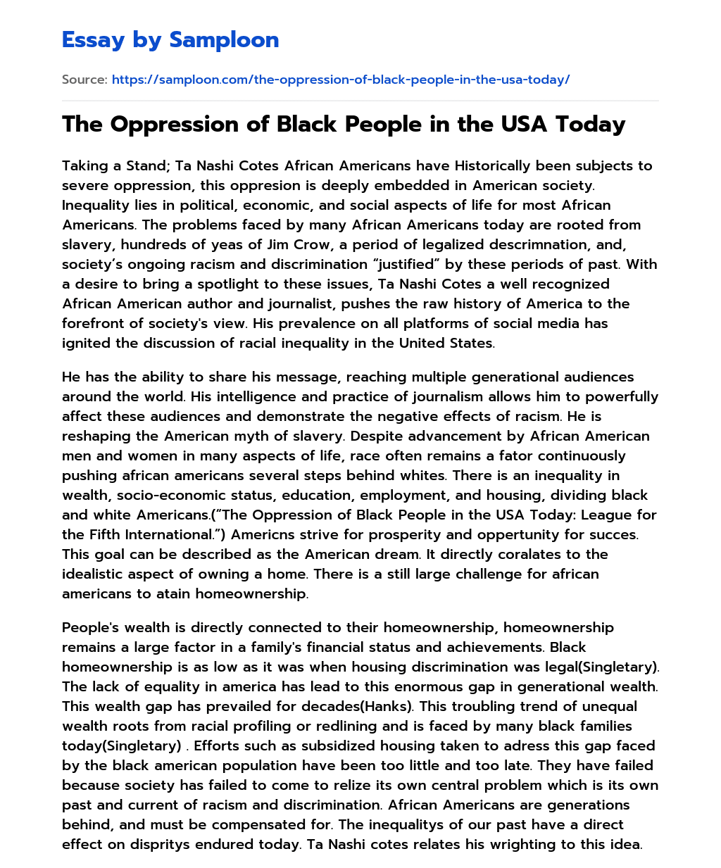 The Oppression of Black People in the USA Today essay