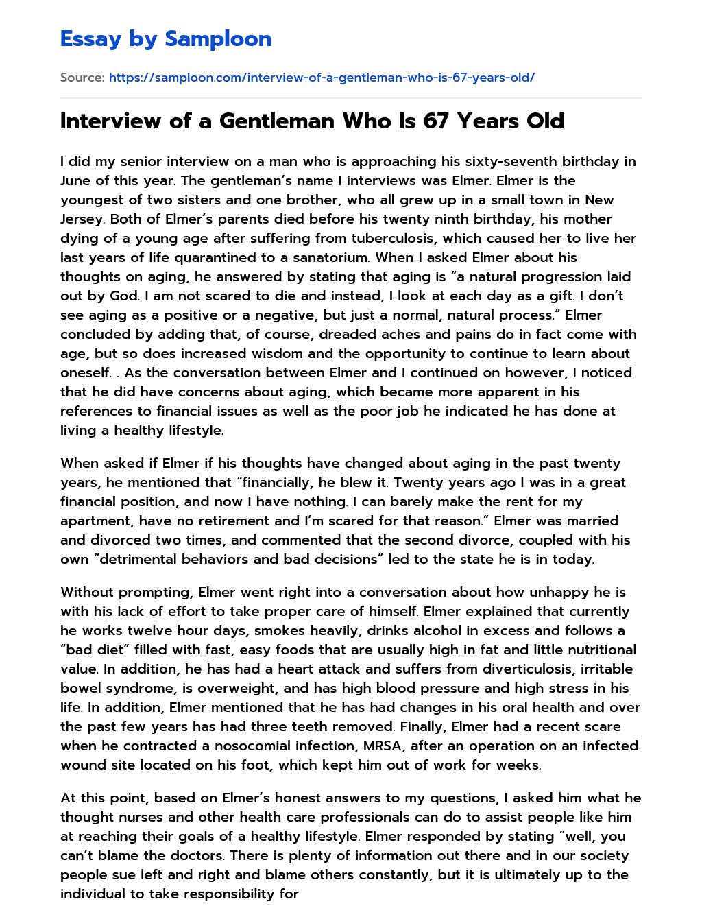 Interview of a Gentleman Who Is 67 Years Old essay