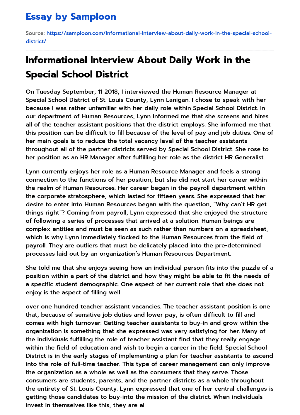 Informational Interview About Daily Work in the Special School District essay