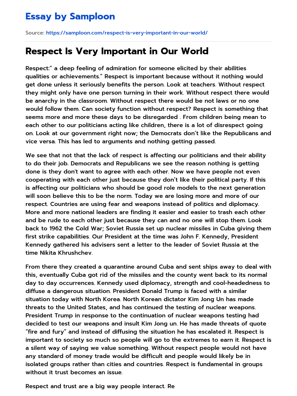 Respect Is Very Important in Our World essay