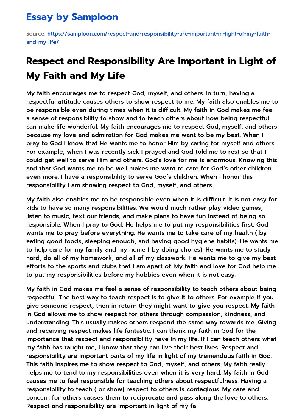 Respect and Responsibility Are Important in Light of My Faith and My Life essay
