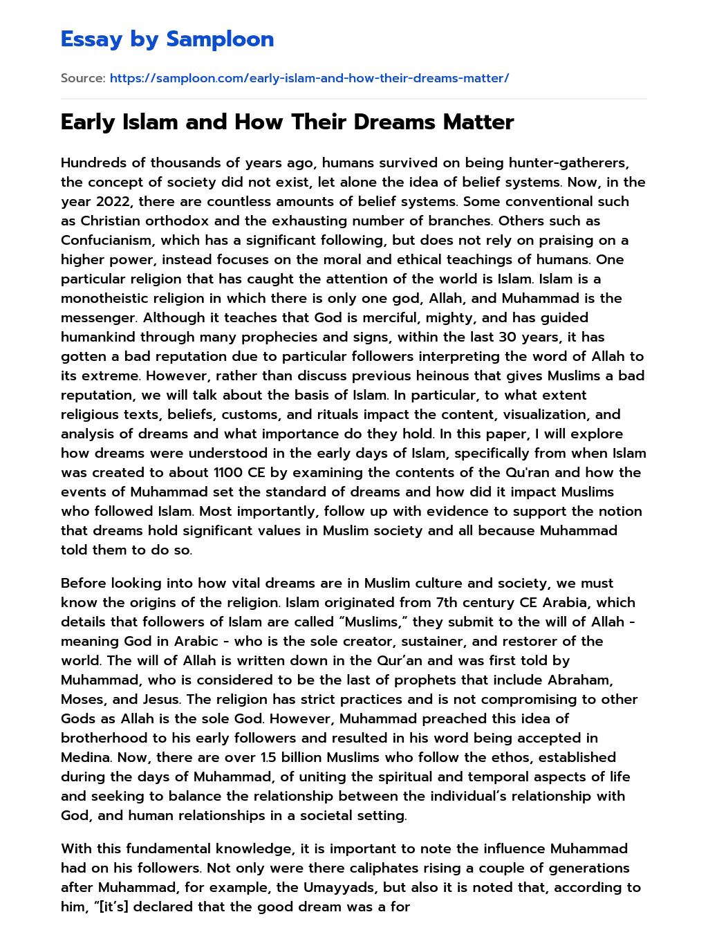 Early Islam and How Their Dreams Matter essay