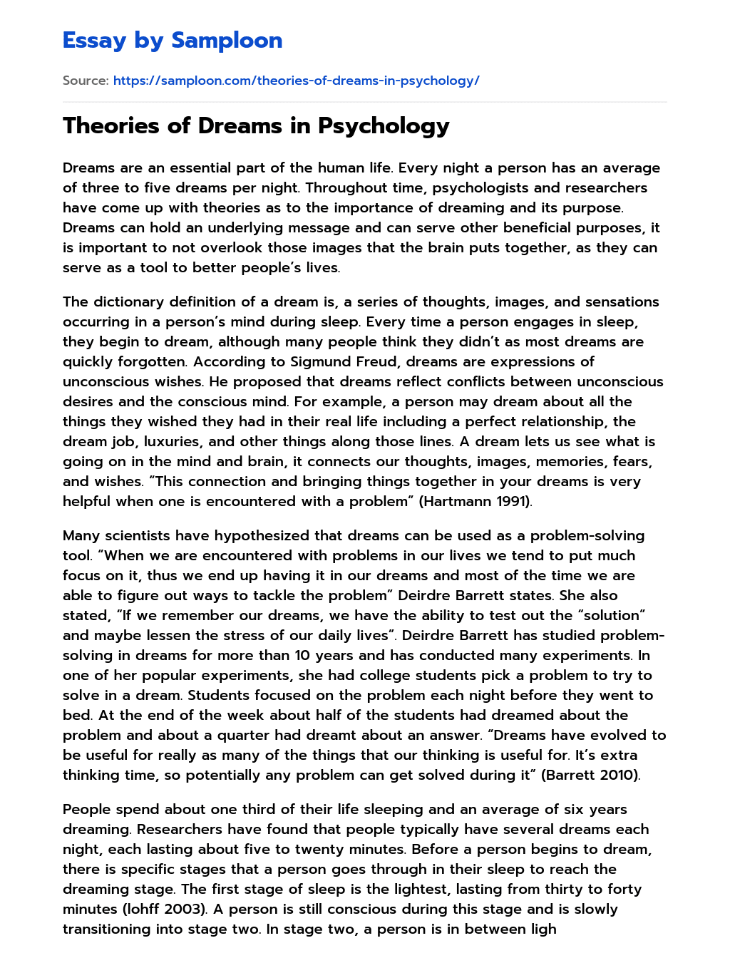 Theories of Dreams in Psychology essay