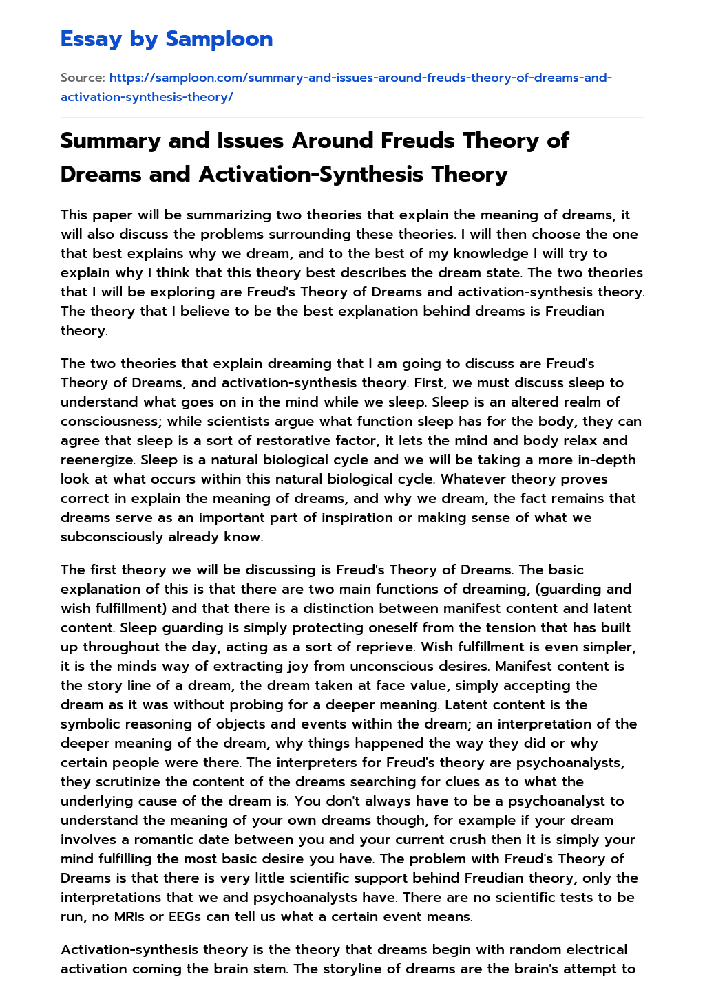 Summary and Issues Around Freuds Theory of Dreams and Activation-Synthesis Theory essay
