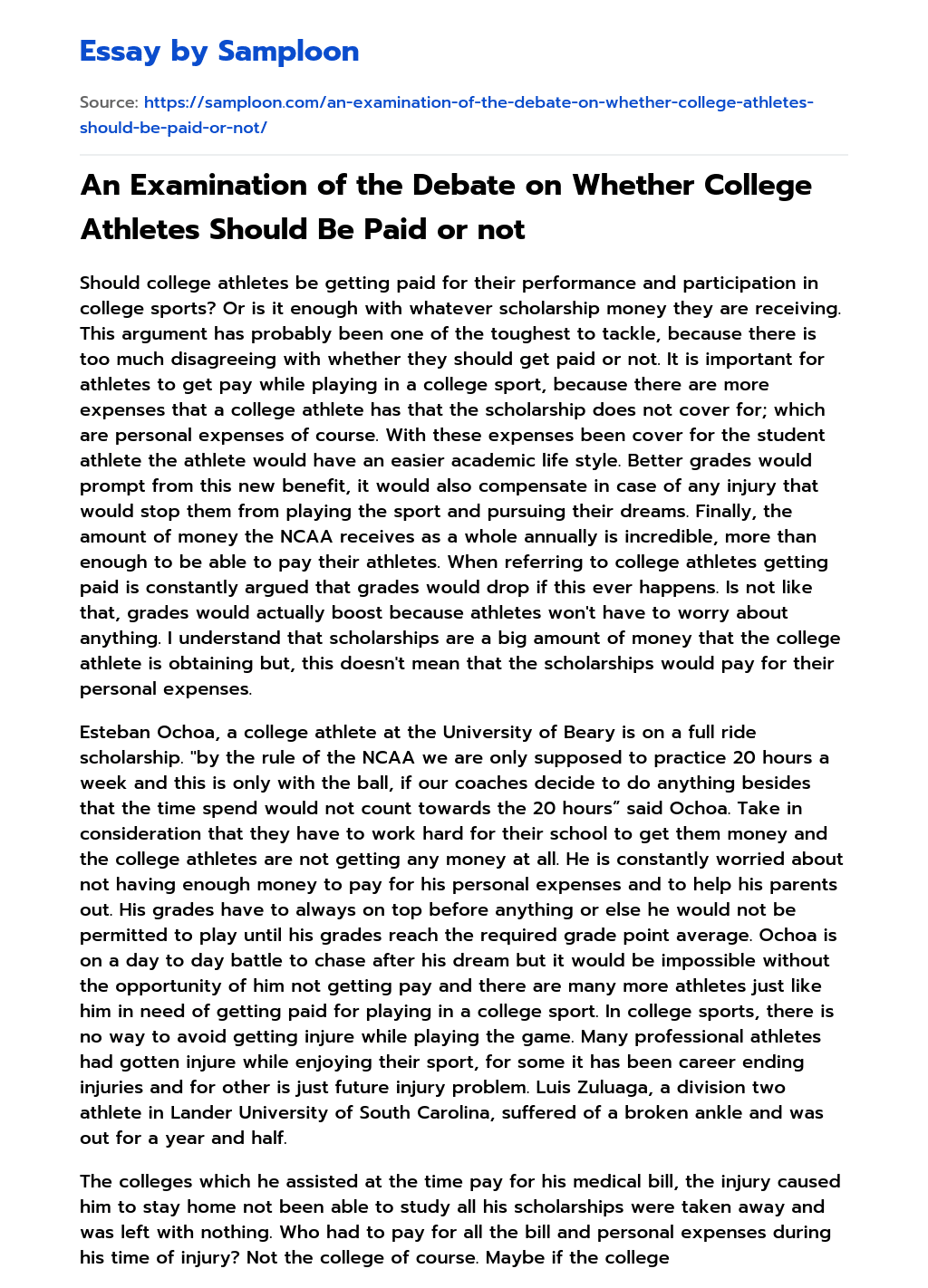 An Examination of the Debate on Whether College Athletes Should Be Paid or not essay