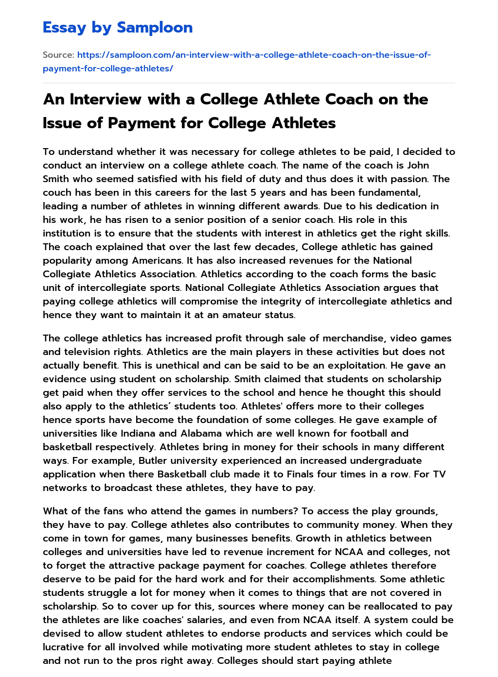 An Interview with a College Athlete Coach on the Issue of Payment for College Athletes essay