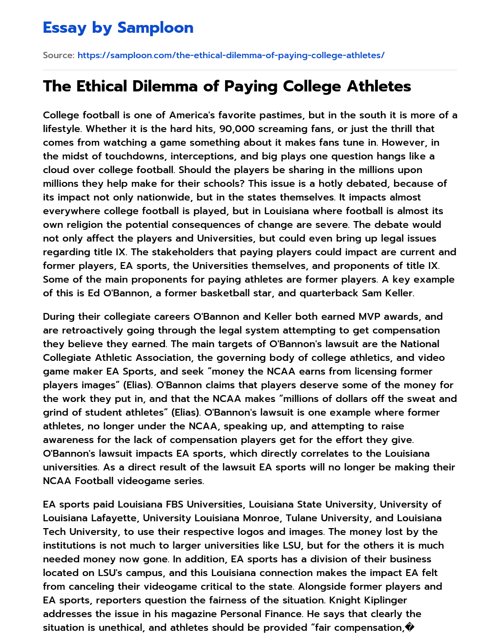 The Ethical Dilemma of Paying College Athletes essay