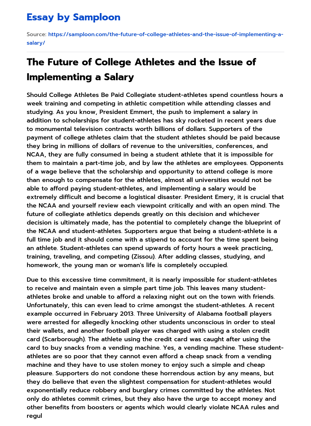 The Future of College Athletes and the Issue of Implementing a Salary essay