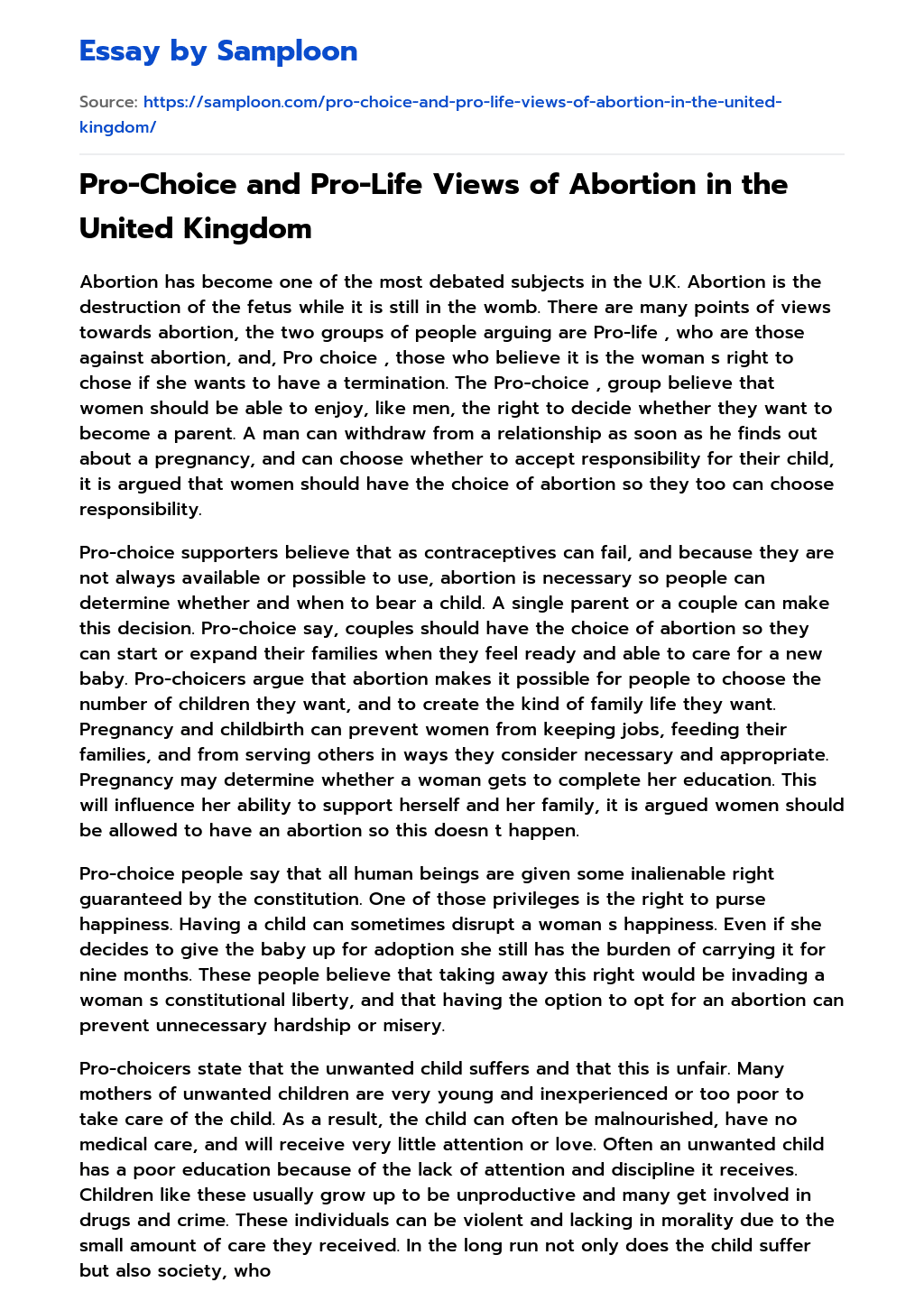Pro-Choice and Pro-Life Views of Abortion in the United Kingdom essay