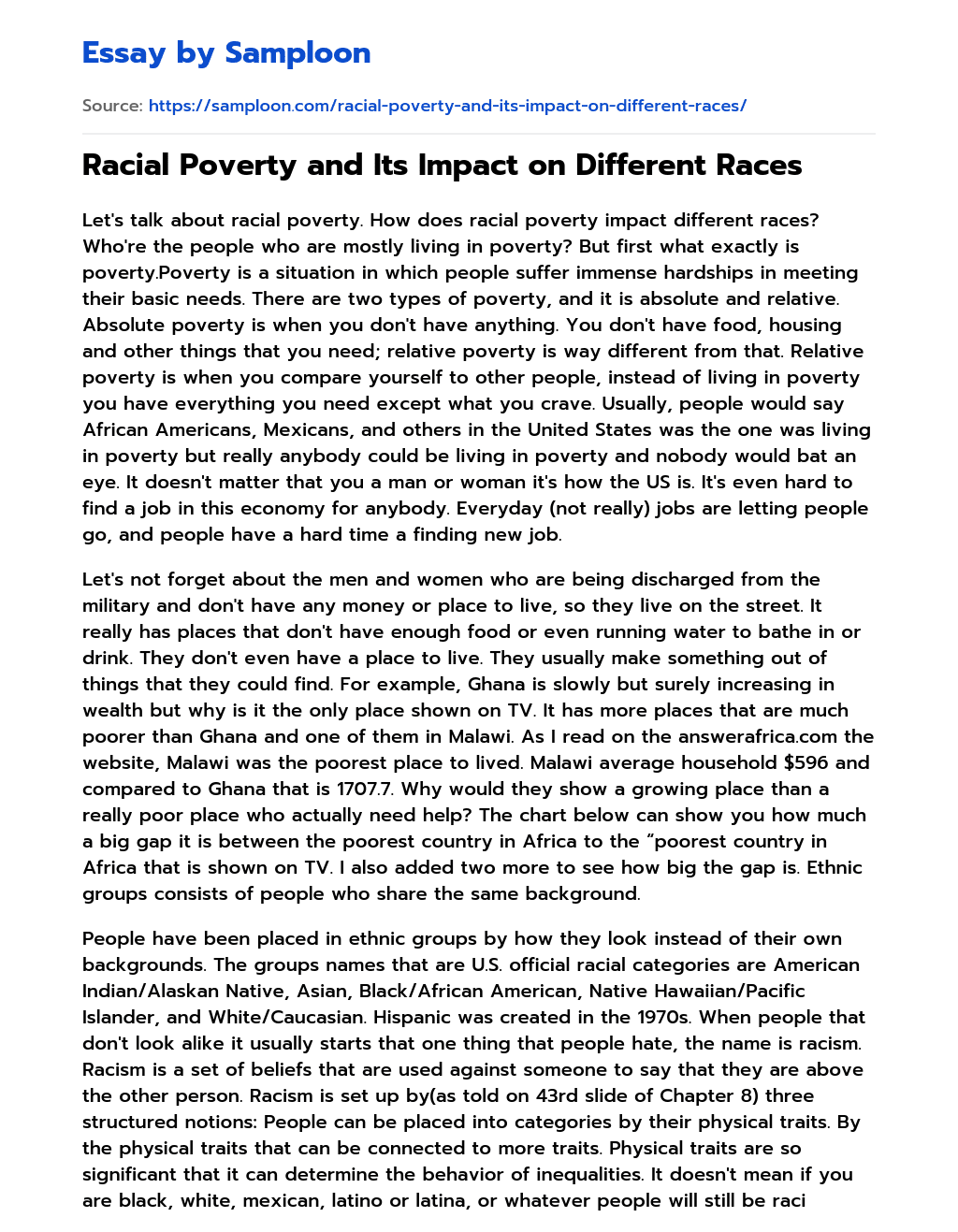Racial Poverty and Its Impact on Different Races essay