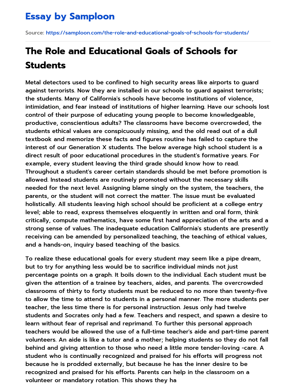 The Role and Educational Goals of Schools for Students essay