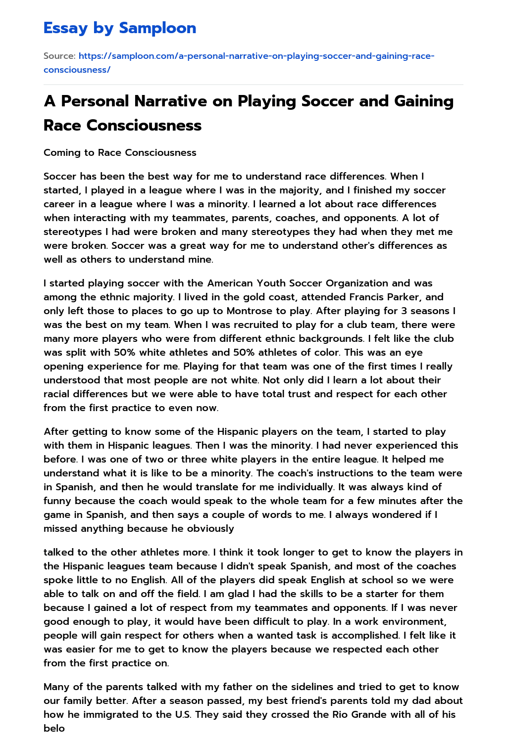 A Personal Narrative on Playing Soccer and Gaining Race Consciousness essay