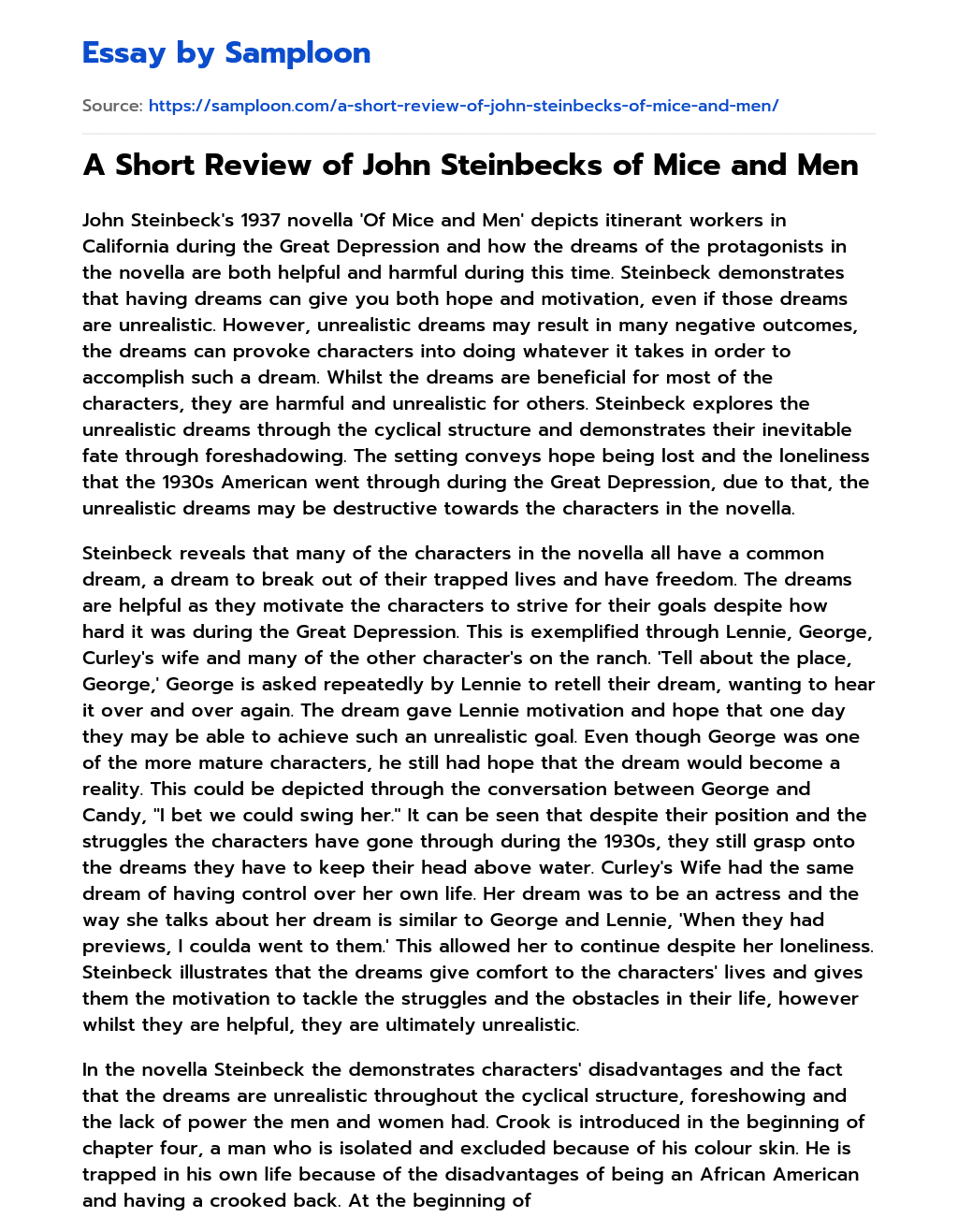 A Short Review of John Steinbecks of Mice and Men essay