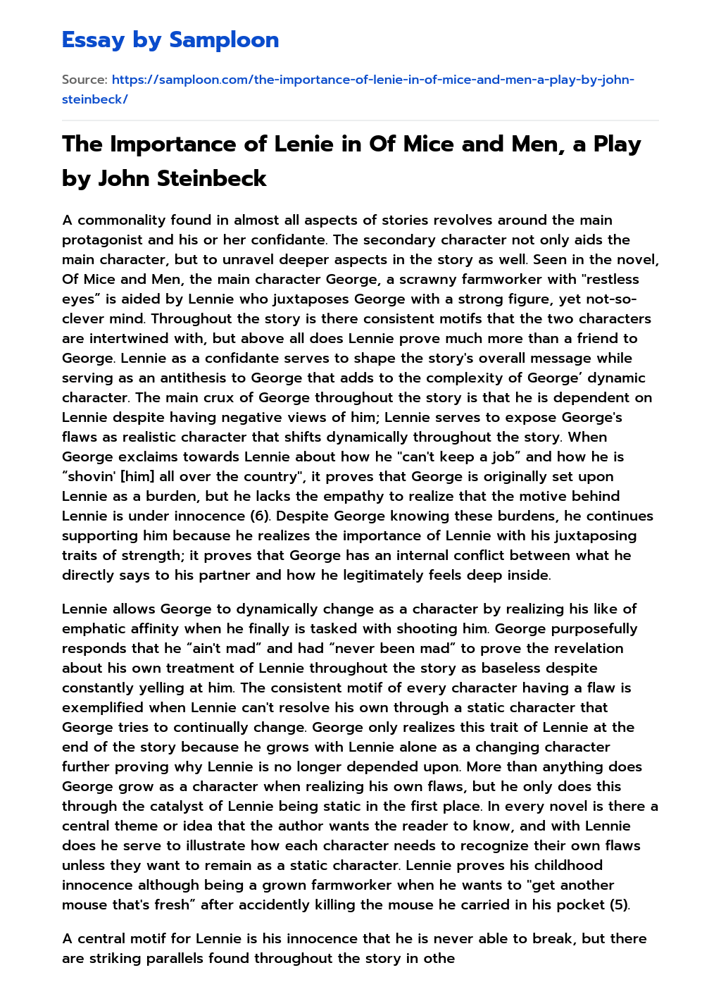 The Importance of Lenie in Of Mice and Men, a Play by John Steinbeck essay