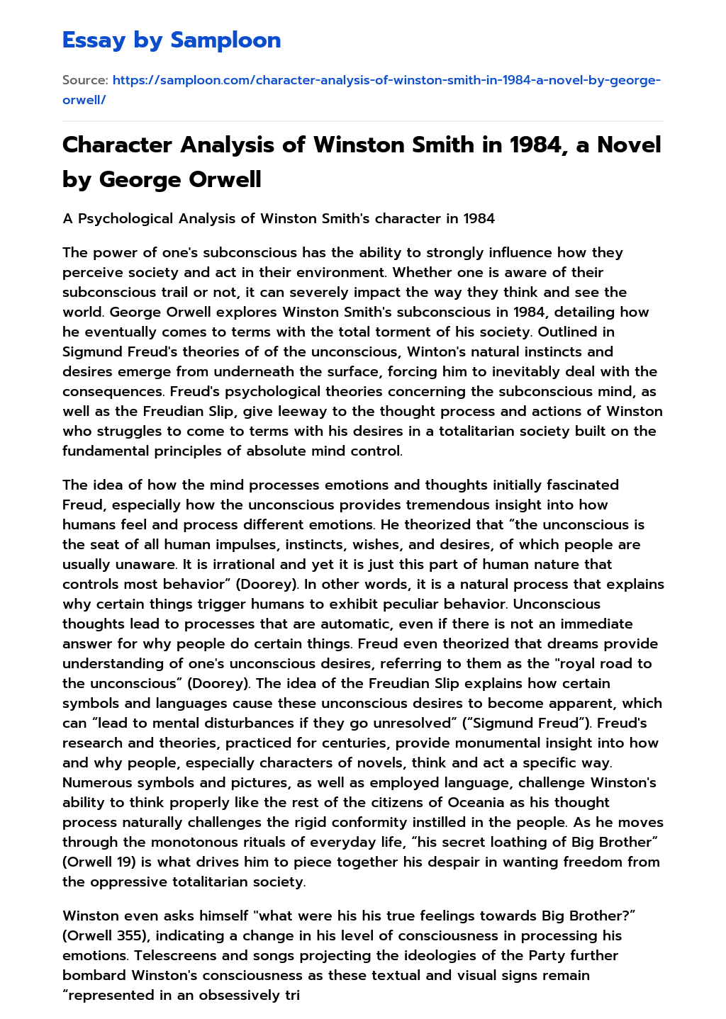 Character Analysis of Winston Smith in 1984, a Novel by George Orwell essay