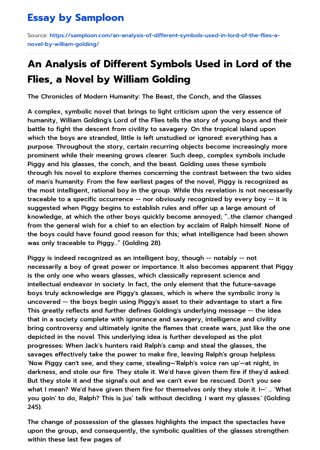 An Analysis of Different Symbols Used in Lord of the Flies, a Novel by William Golding essay