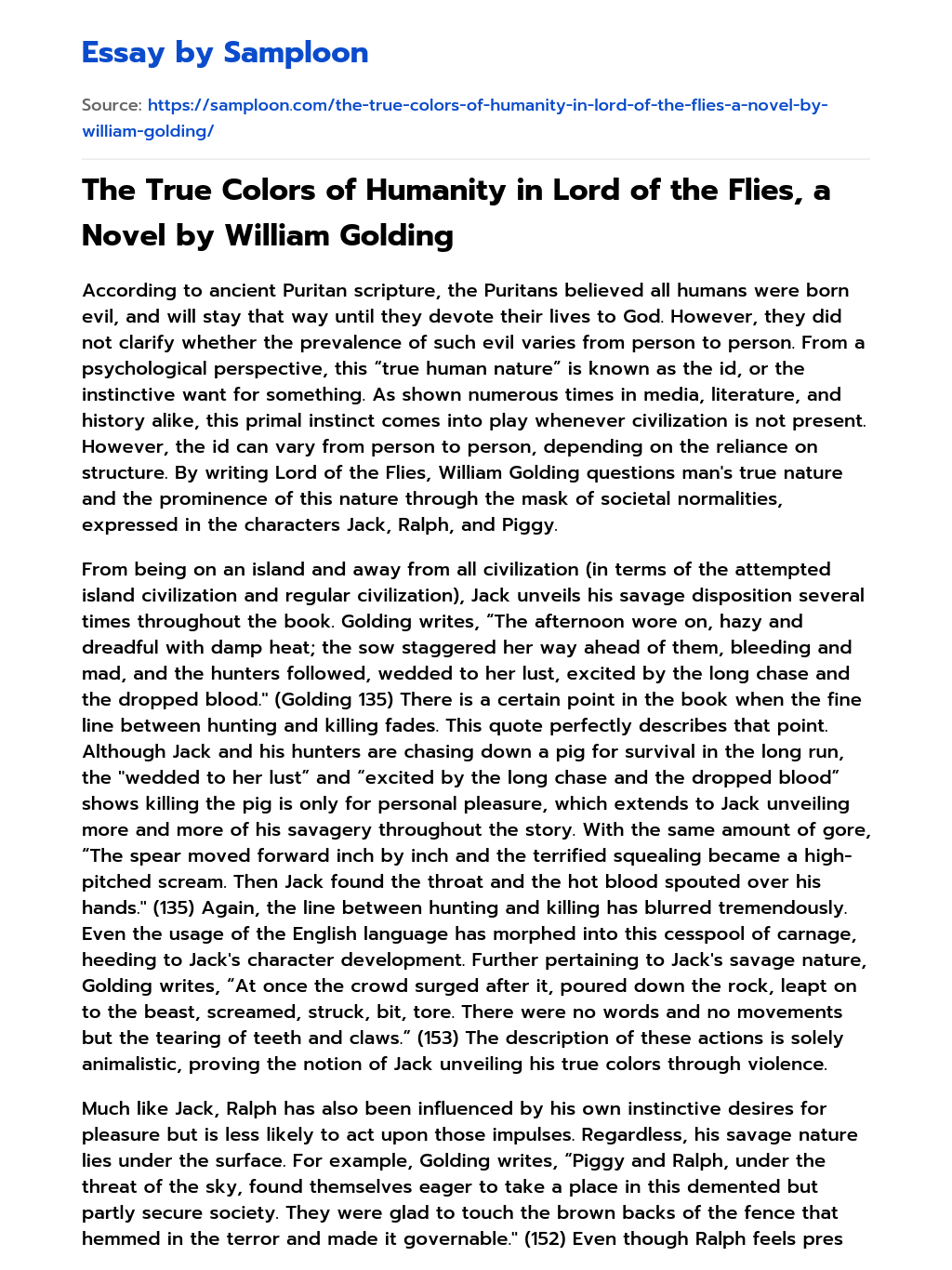 The True Colors of Humanity in Lord of the Flies, a Novel by William Golding essay