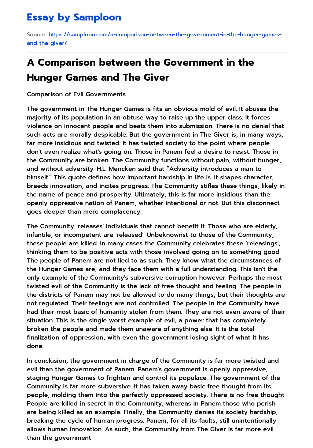A Comparison between the Government in the Hunger Games and The Giver essay