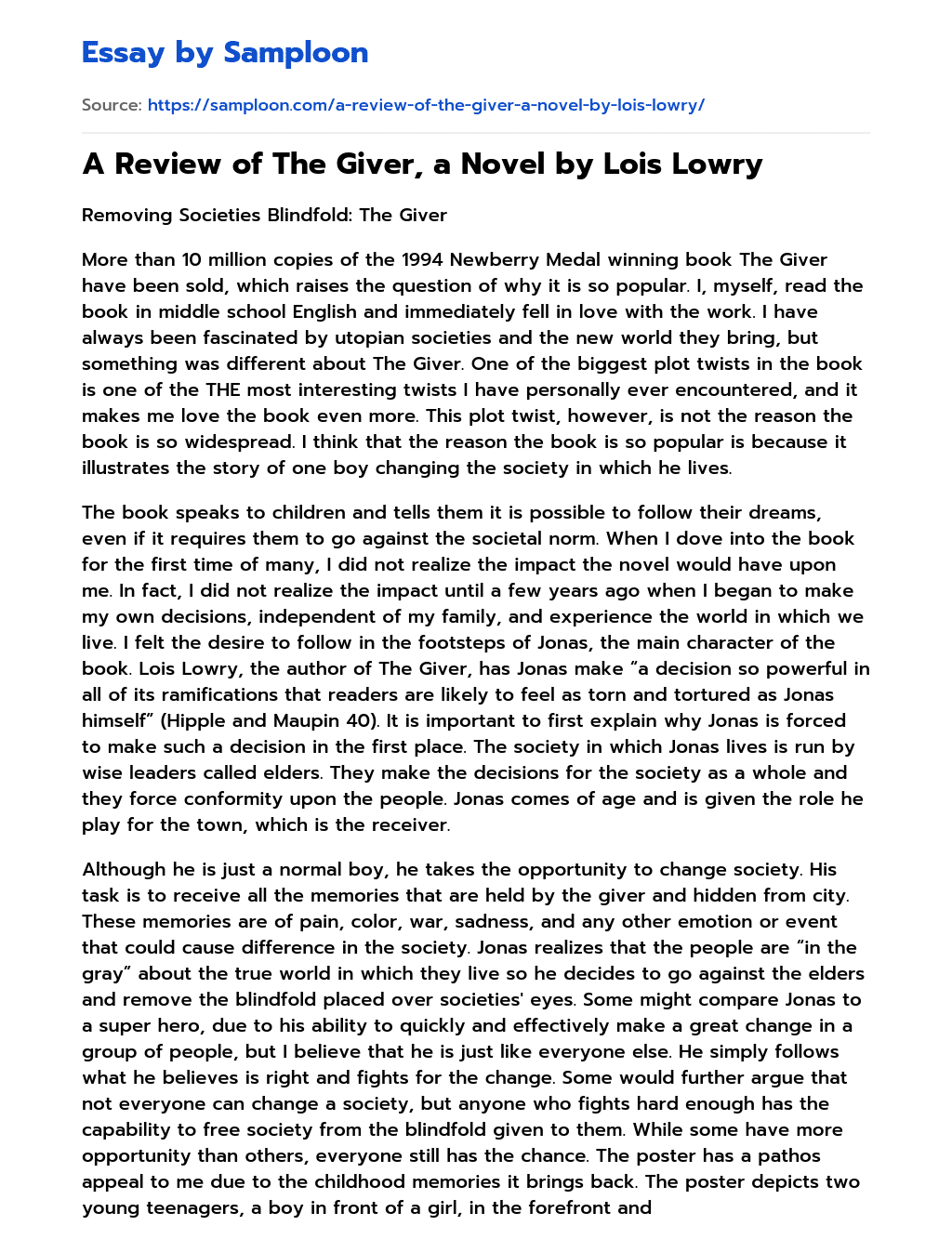 A Review of The Giver, a Novel by Lois Lowry essay