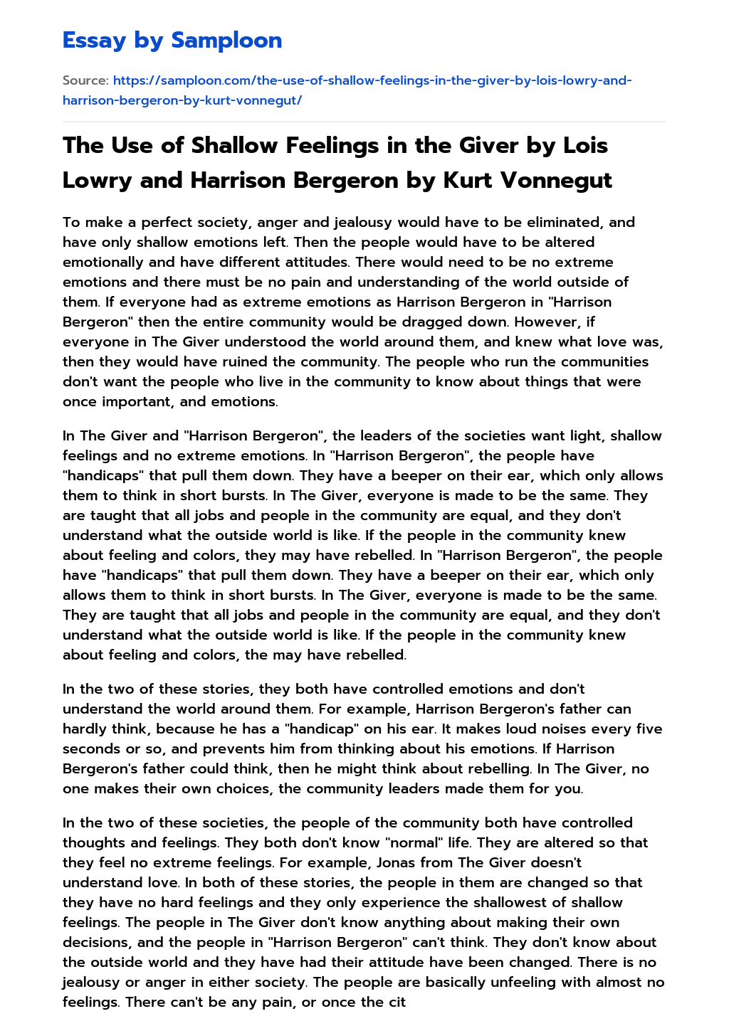 The Use of Shallow Feelings in the Giver by Lois Lowry and Harrison Bergeron by Kurt Vonnegut essay