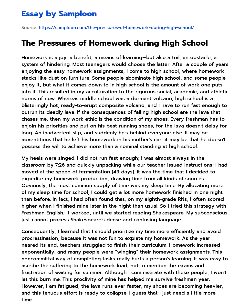 The Pressures of Homework during High School essay