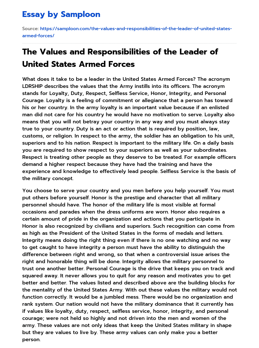 The Values and Responsibilities of the Leader of United States Armed Forces essay