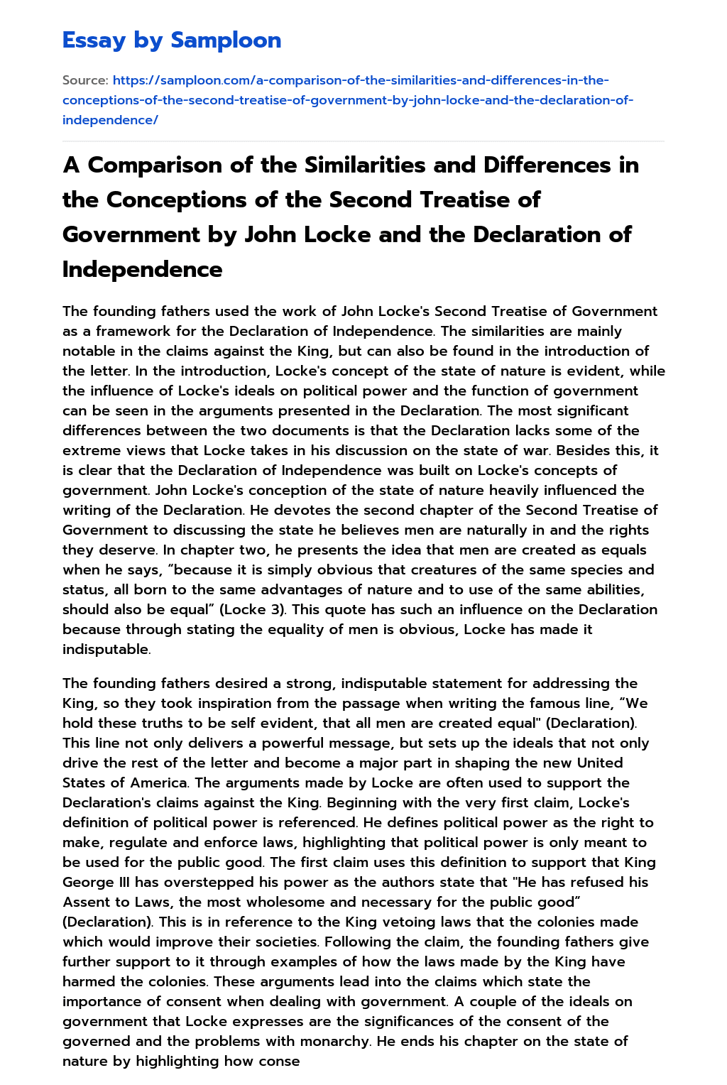 A Comparison of the Similarities and Differences in the Conceptions of the Second Treatise of Government by John Locke and the Declaration of Independence essay