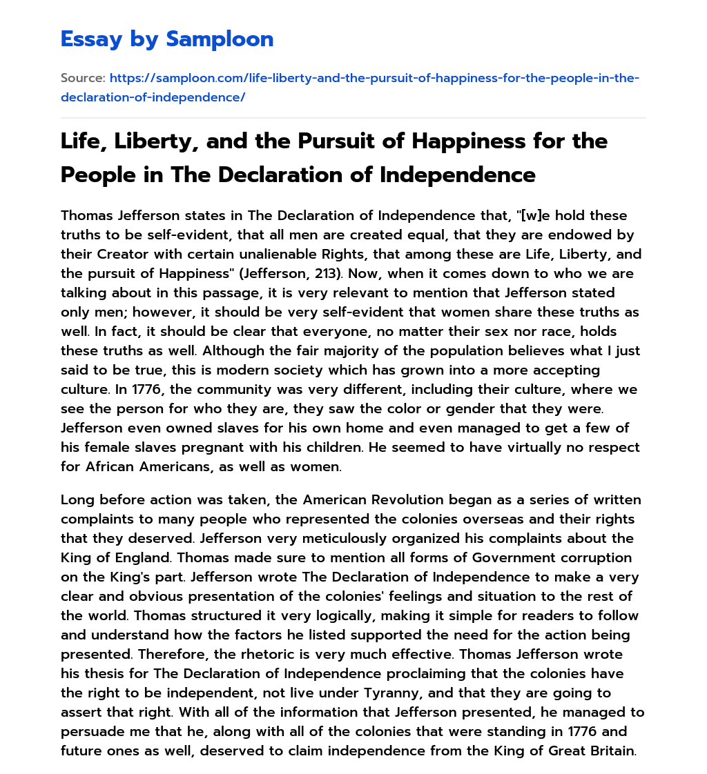 Life, Liberty, and the Pursuit of Happiness for the People in The Declaration of Independence essay
