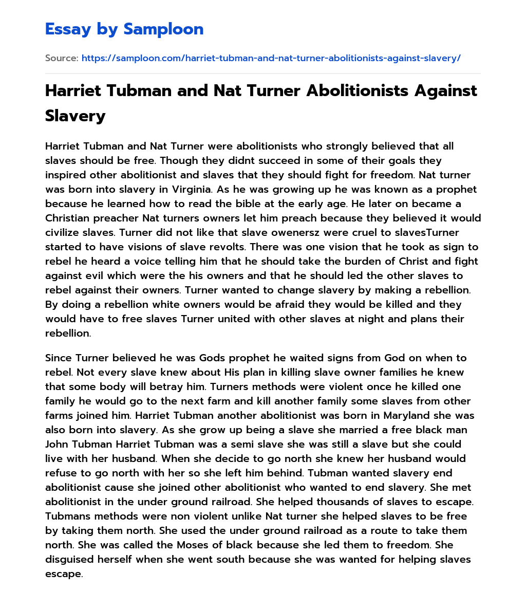 Harriet Tubman and Nat Turner Abolitionists Against Slavery essay