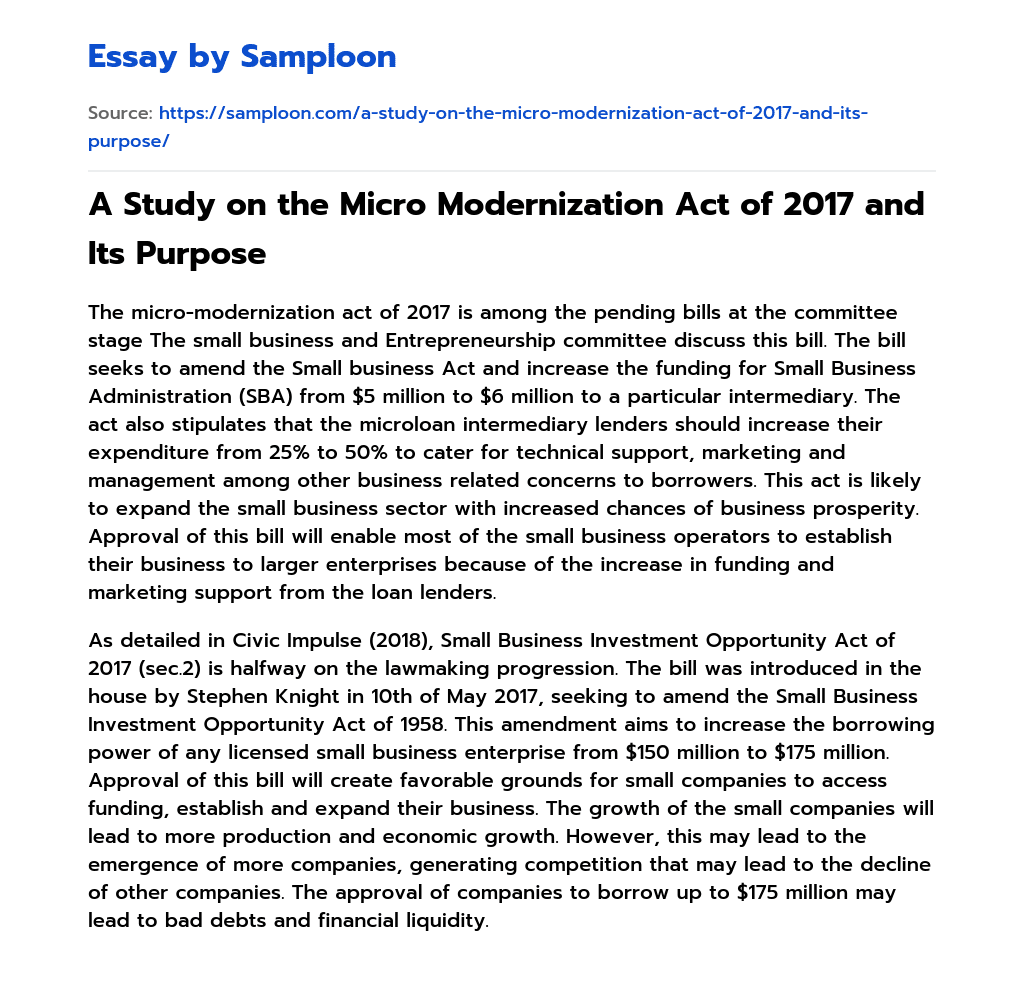 A Study on the Micro Modernization Act of 2017 and Its Purpose essay
