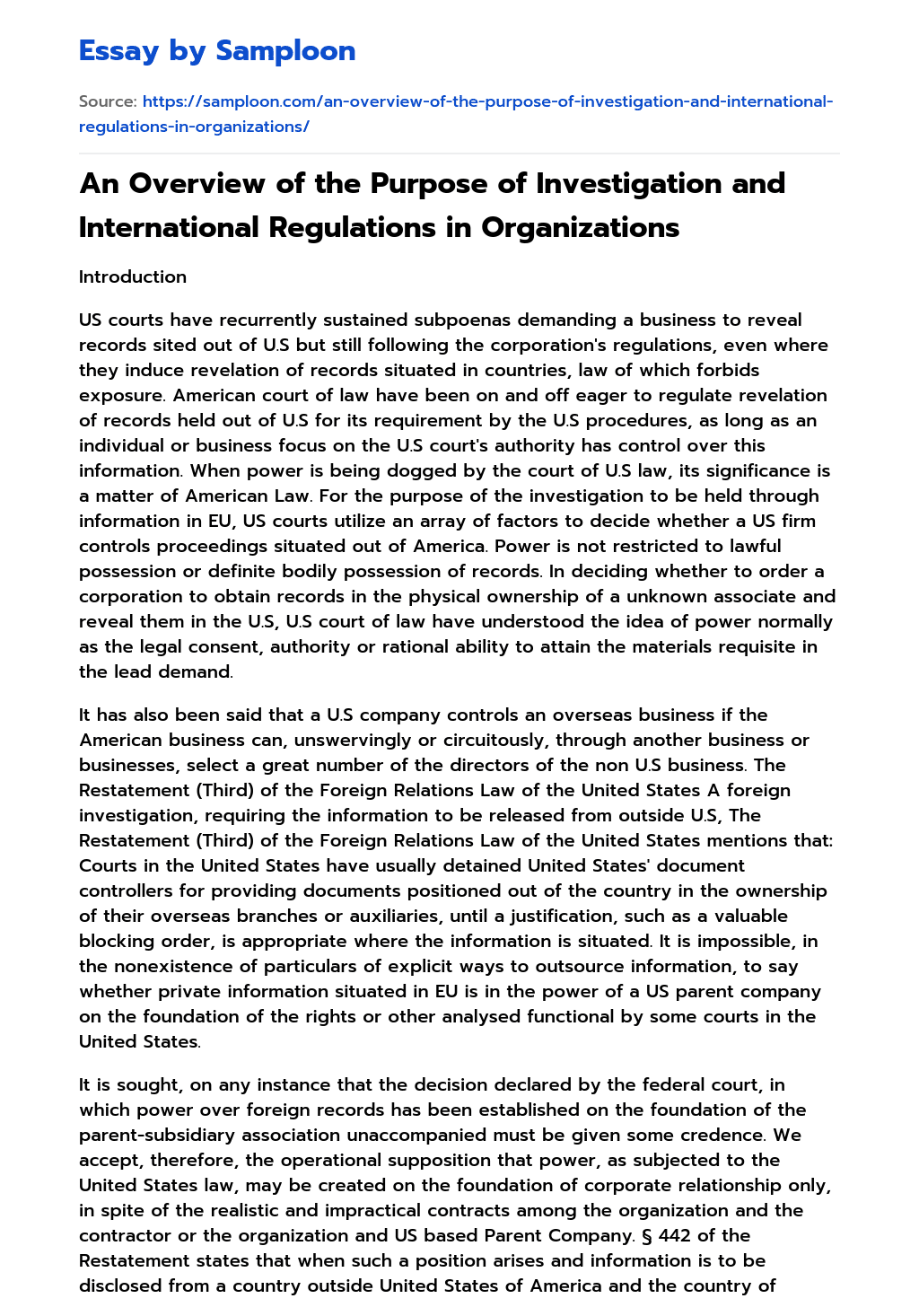 An Overview of the Purpose of Investigation and International Regulations in Organizations essay