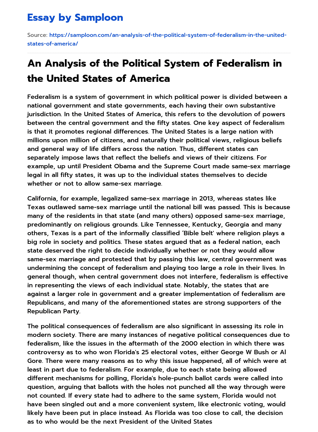 An Analysis of the Political System of Federalism in the United States of America essay