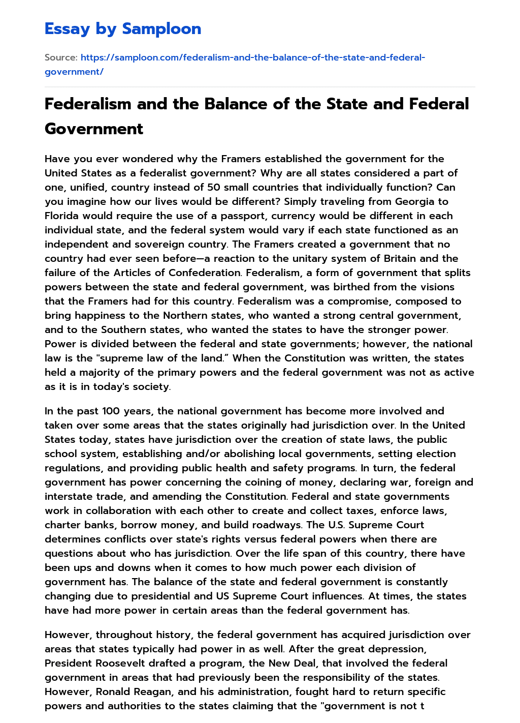 Federalism and the Balance of the State and Federal Government essay