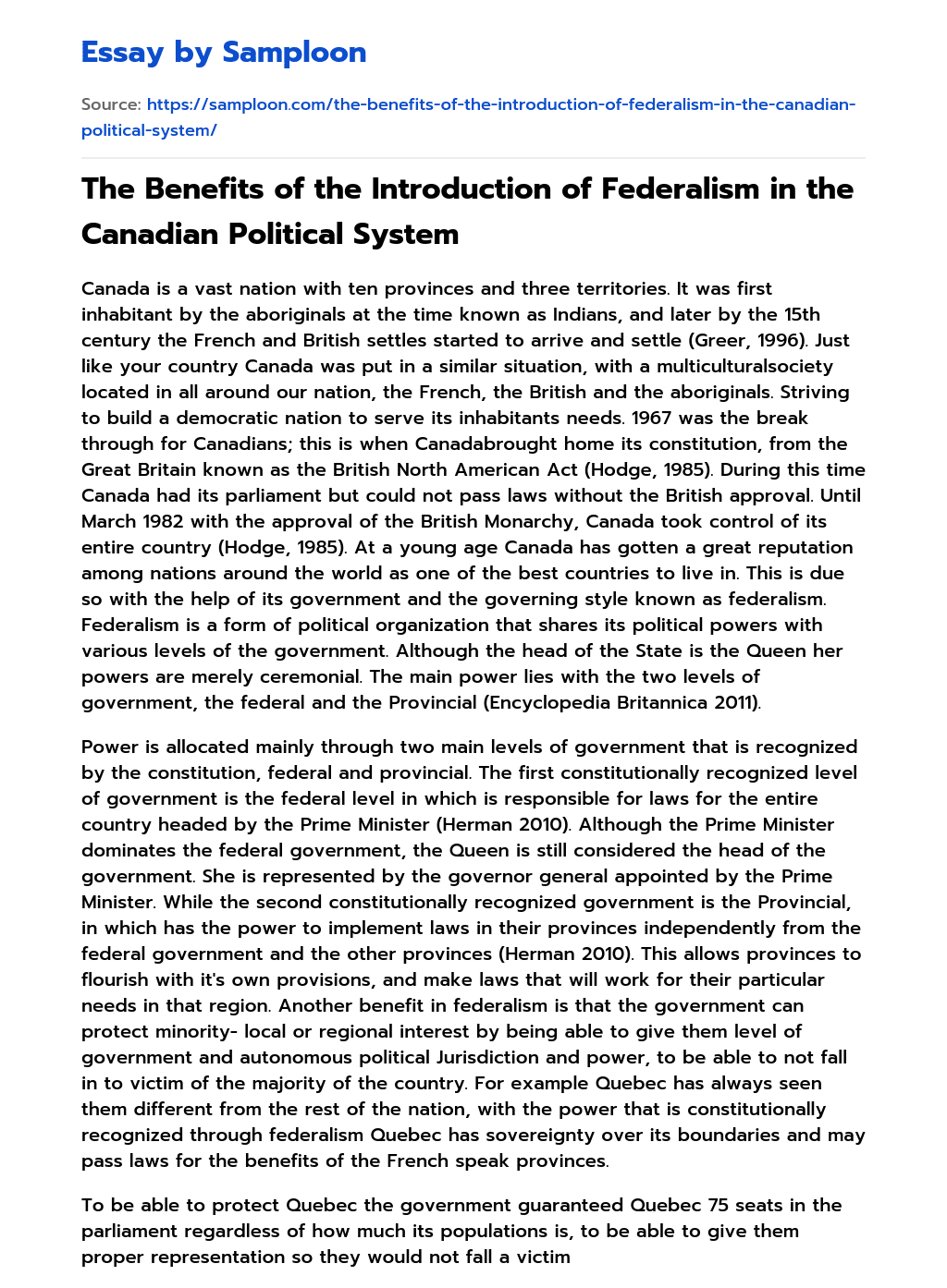 The Benefits of the Introduction of Federalism in the Canadian Political System essay