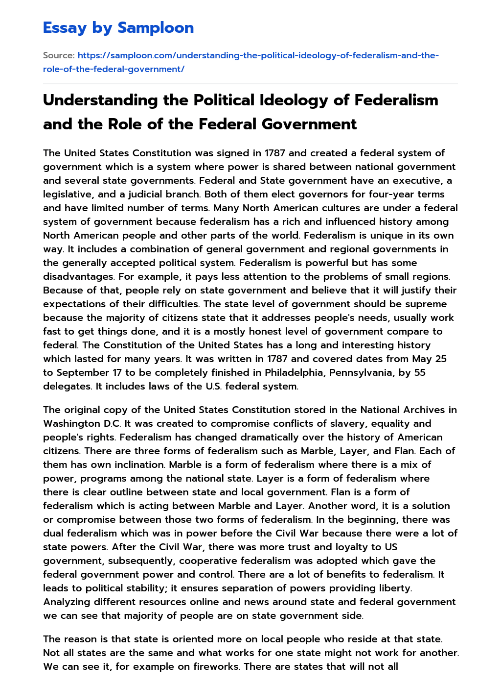 Understanding the Political Ideology of Federalism and the Role of the Federal Government essay