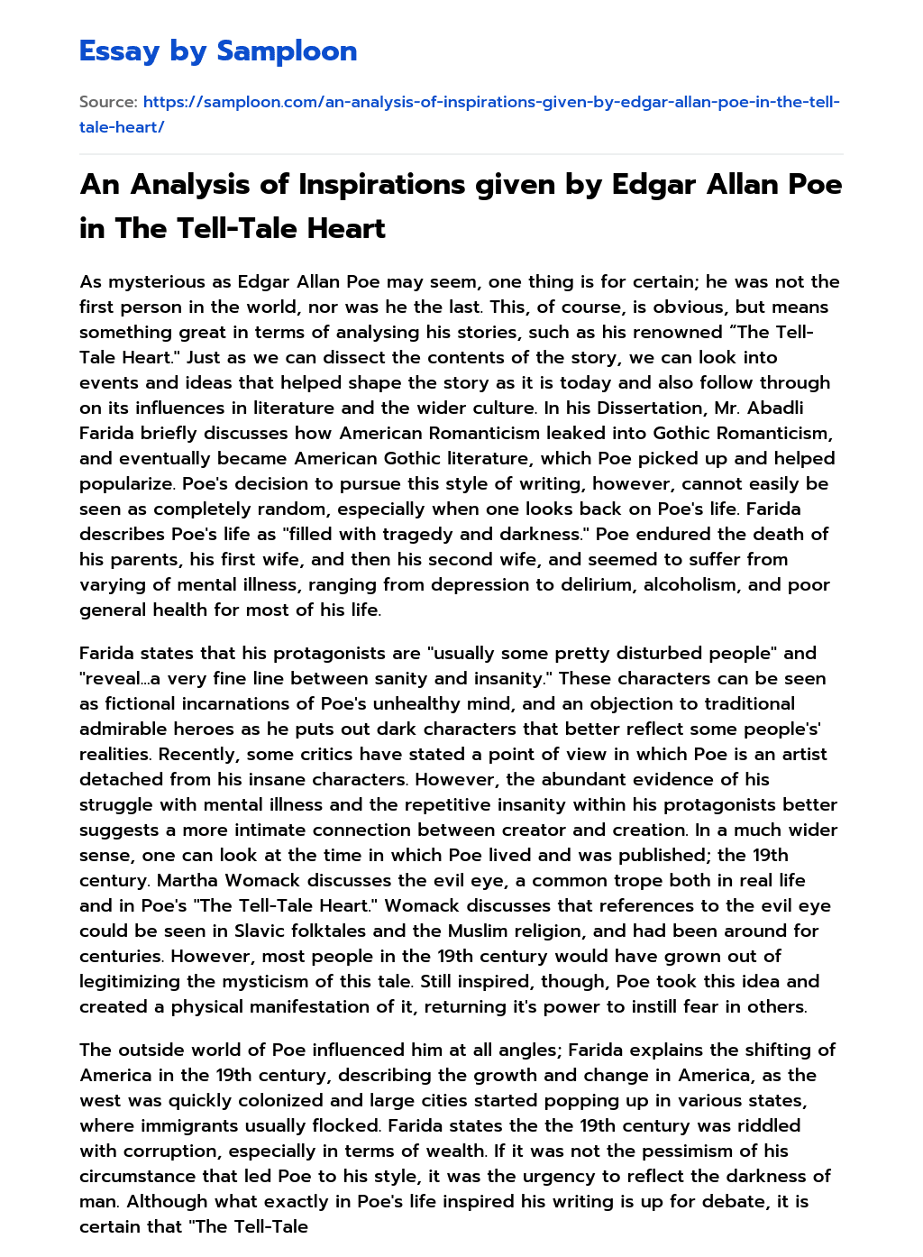 An Analysis of Inspirations given by Edgar Allan Poe in The Tell-Tale Heart essay