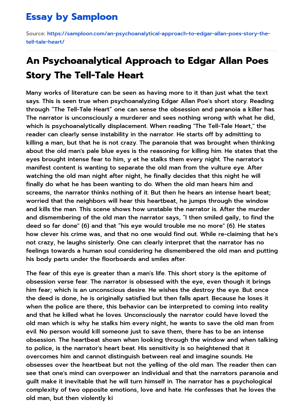 An Psychoanalytical Approach to Edgar Allan Poes Story The Tell-Tale Heart essay