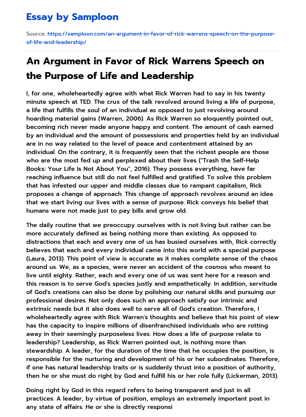 An Argument in Favor of Rick Warrens Speech on the Purpose of Life and Leadership essay