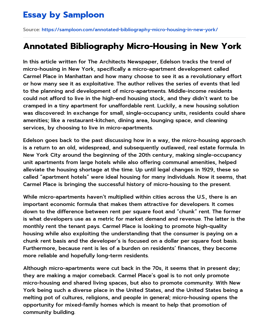 Annotated Bibliography Micro-Housing in New York essay