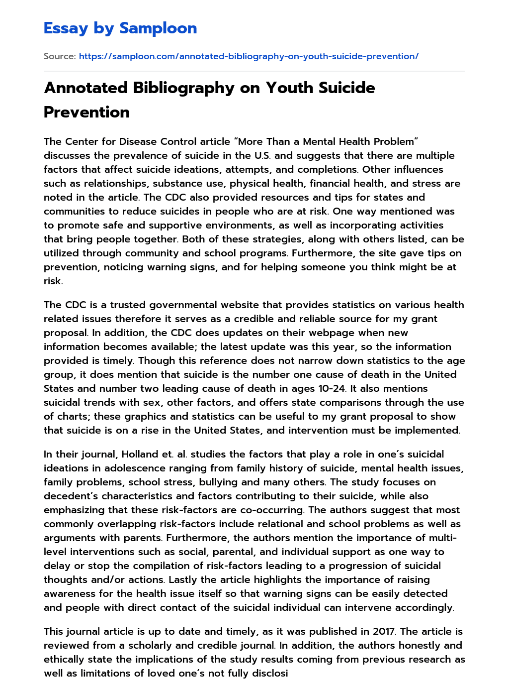 Annotated Bibliography on Youth Suicide Prevention essay
